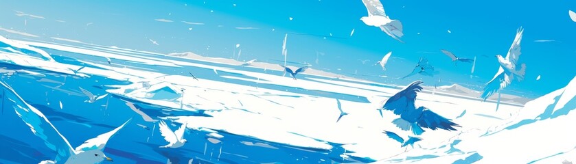 Naklejka premium Aerial Winter Wonderland: Anime-Style Vector Art of Frozen Lake with Flying Birds and Reflections. Serene Snowy Landscape for Game Design, Storybook Illustrations, and Home Decor. Perfect 4K Wallpaper