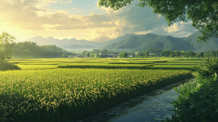 Fototapeta premium Hyper-realistic portrayal of a rice field at dusk, with the evening light casting a warm glow