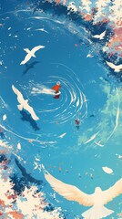 Aerial Winter Wonderland: Anime-Style Vector Art of Frozen Lake with Flying Birds and Reflections. Serene Snowy Landscape for Game Design, Storybook Illustrations, and Home Decor. Perfect 4K Wallpaper