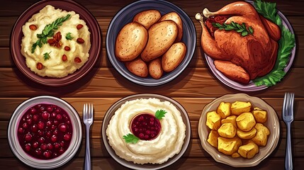 A Thanksgiving dinner table with roasted chicken, mashed potatoes, cranberry sauce, and gravy.