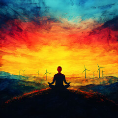 Serenity at Sunset: Meditative Silhouette with Wind Turbines