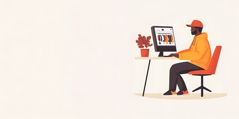 Illustration of African American black man shopping online during Black Friday sales. For advertising, banner, business