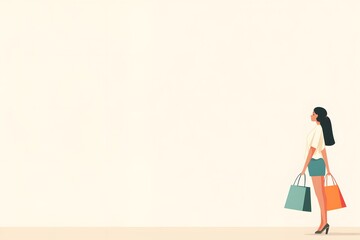 Illustration of a woman standing with her Black Friday purchases. For advertising, banner, business