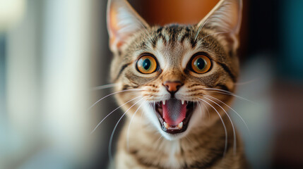 Excited tabby cat with mouth open and wide eyes in closeup