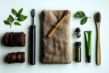 Minimalist Eco-Friendly Essentials: Bamboo Toothbrush and Sustainable Lifestyle Flat Lay