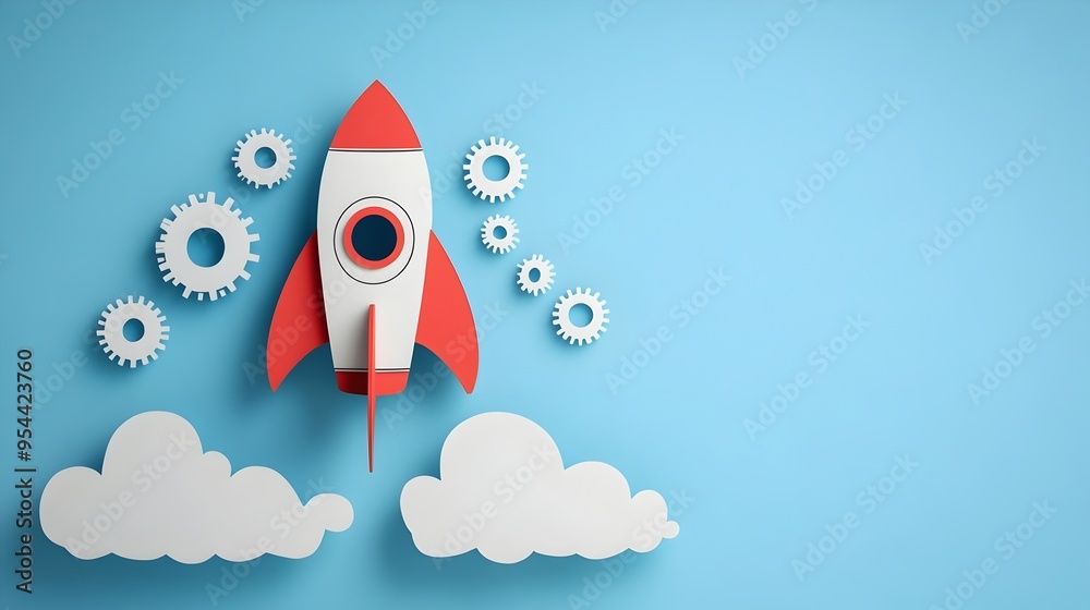 Poster minimalist rocket with gears symbolizing aerospace engineering in paper cut style
