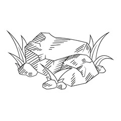 Isolated stone and grass line art. Hand drawn stone illustration