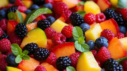 Obraz premium Close-up of a Colorful Fruit Salad with Raspberries, Blackberries, and Blueberries