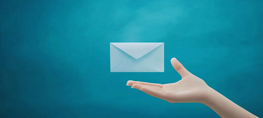 Hand holding a white mail icon on a blue background, concept of contact us or contact service