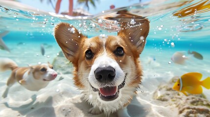 Happy Corgi Swimming in Clear Shallow Water with Tropical Fish