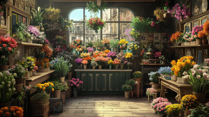 Obraz premium Hyper-realistic scene of a small-town florist, with vibrant flowers and plants artfully