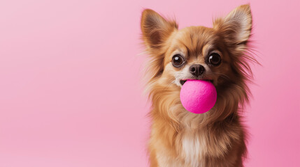 Chihuahua holding a pink ball against pink background