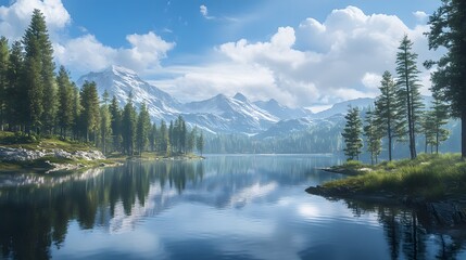 A serene mountain lake surrounded by tall pine trees