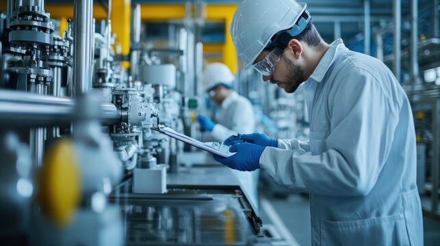 Industrial Worker Inspecting Machinery in a Factory