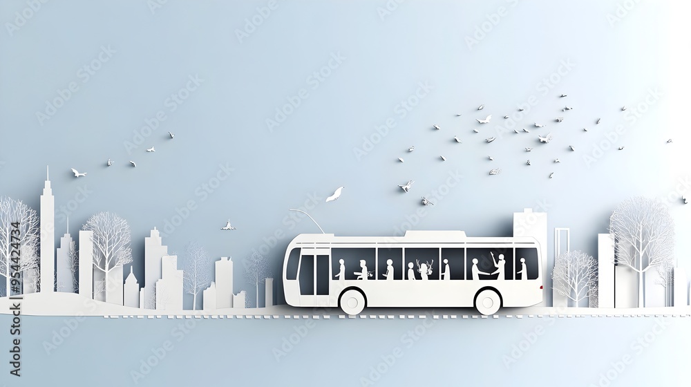 Poster Paper Cut City Bus Symbolizing Urban Commuting in Minimalist Style
