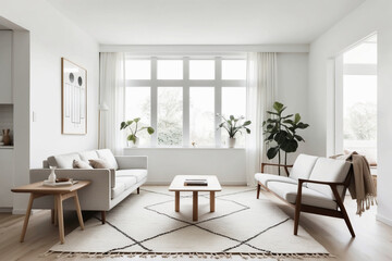 Fototapeta premium A bright and airy living room with clean lines, featuring a sleek mid-century modern sofa, minimalist Scandinavian coffee table