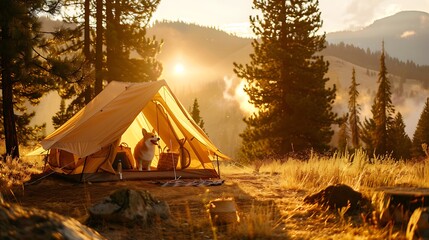 Corgi Peeking Out from Tent During Scenic Sunrise in Mountains