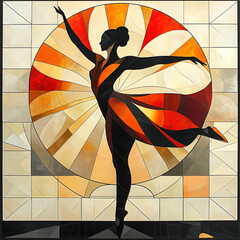 Colorful geometric art deco silhouette of a ballet dancer.