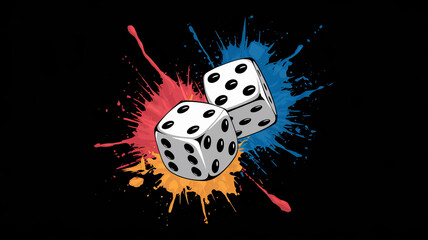 Abstract ink splash illustration featuring a pair of dice with vibrant colorful splashes on a black background, symbolizing randomness and chance