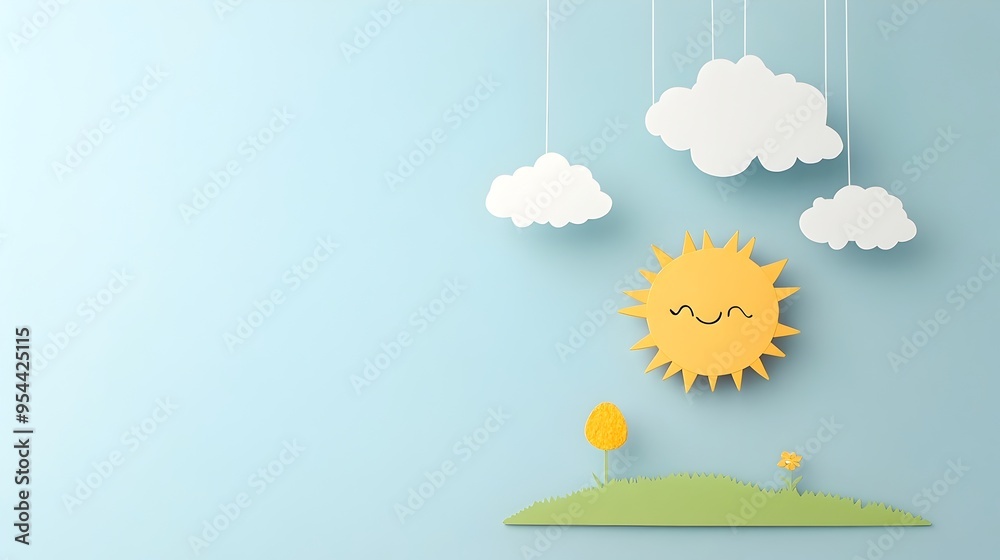 Poster paper cut style sun partially covered by cloud symbolizing partly cloudy weather