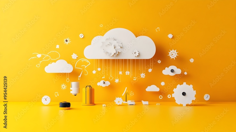 Poster Paper Cut Style Weather Forecast Map with Symbolic Icons