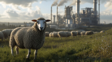 Obraz premium Hyper-realistic shot of sheep grazing peacefully, with the background showing the