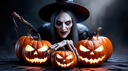 Fototapeta premium Halloween themed watercolor background featuring pumpkins and a witch