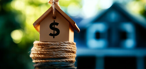 A small house-shaped object with a dollar sign hanging outside, symbolizing real estate and financial investment concepts.