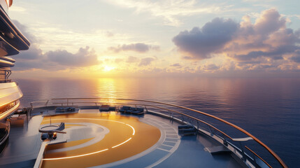 Hyper-realistic view of a cruise ship helipad, with the ship cruising through calm seas and a