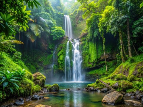 Serene tropical waterfall cascades down lush green rocks at Hamama Falls, surrounding misty atmosphere and sunlit foliage creating a peaceful, idyllic Hawaiian oasis scene.