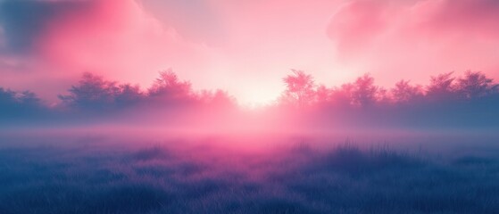 Fototapeta premium A serene landscape with a vibrant sunset, casting pink and purple hues over the misty fields and silhouettes of trees.