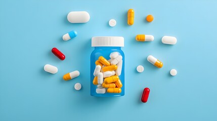 Pill Bottle and Capsules in Paper Cut Abstract Style for Pharmaceutical and Medical Concept