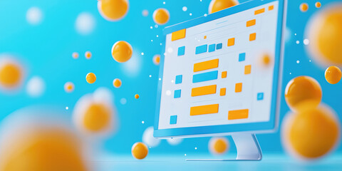 Obraz premium Abstract digital workspace with a computer display surrounded by colorful bubbles, symbolizing technology and creativity.