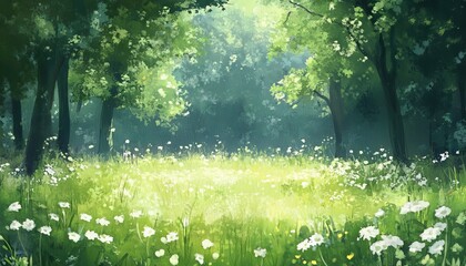 Fototapeta premium Sunlit meadow with blooming flowers and lush greenery in a peaceful forest setting, perfect for nature and landscape photography.