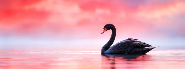 Fototapeta premium A black swan atop a tranquil lake, surrounded by a red-blue sky and scattering clouds