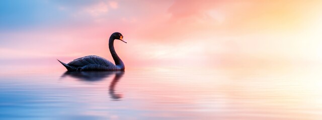 Naklejka premium A black swan floats on the water's surface against a backdrop of a pink and blue sky, dotted with a few clouds