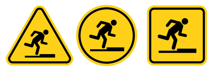 Tripping hazard symbol safety sign. Floor surface obstacle fall caution symbol. Person foot falling beware sign. Vector Illustration.
