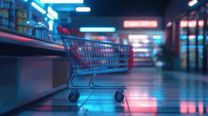 Hyper-realistic view of a single shopping cart parked next to a checkout counter, with the