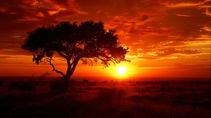Sunset in Africa with silhouette of tree in foreground for sky ablaze red orange hues creating dramatic and vibrant natural landscape scene concept.
