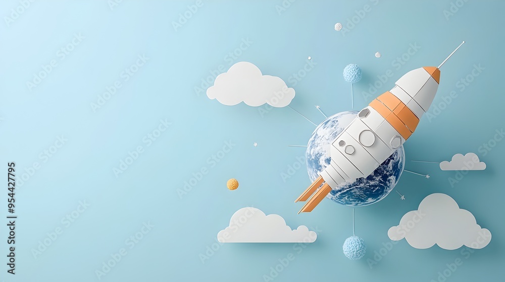 Poster satellite with earth representing space based weather monitoring in paper cut art