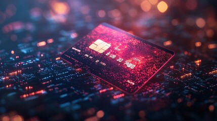 Holographic credit card surrounded by digital data streams, representing secure online transactions.