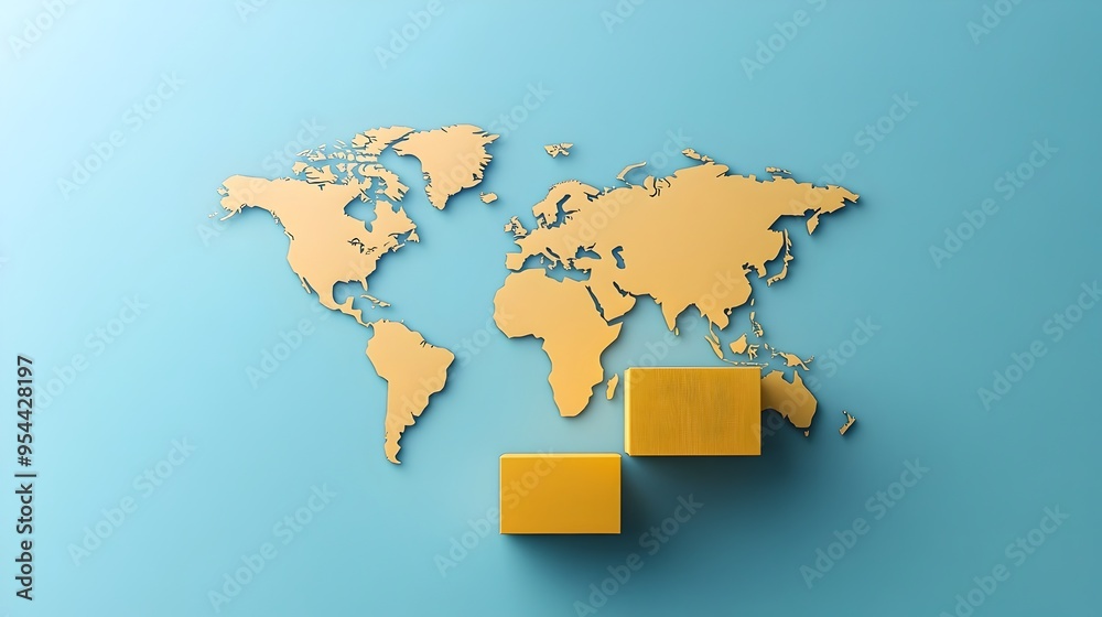 Poster shipping boxes with world map representing global supply chain in paper cut aesthetic