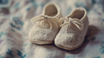 Delicate Lace Trimmed Baby Shoes on Floral Textile