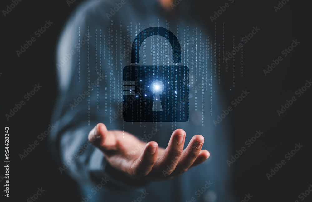 Fototapete Businessman giving virtual master key with binary number code for identity and access password ,technology security system and prevent hacker concept.