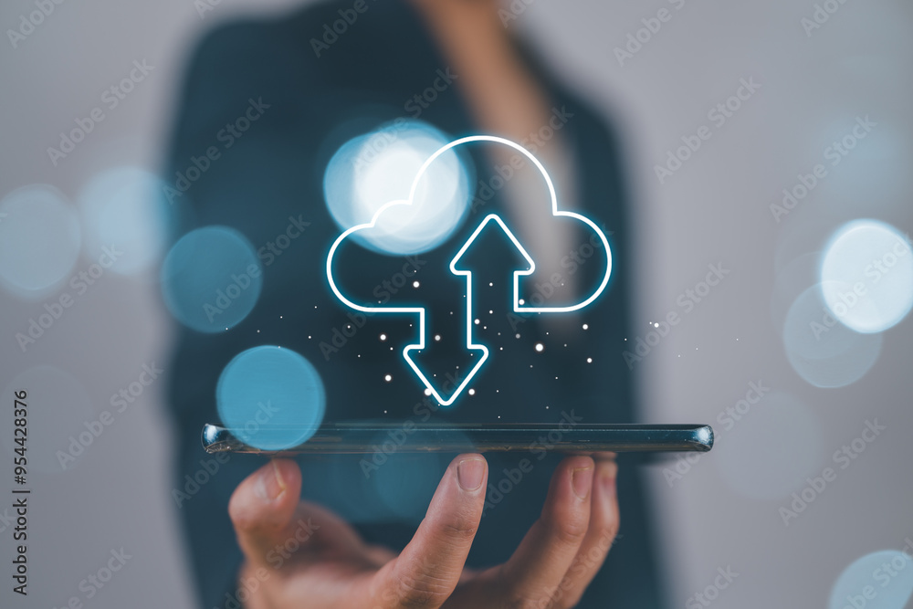 Poster Businessman holding mobile phone with virtual cloud computing to transfer data information and upload download application. Technology transformation concept.
