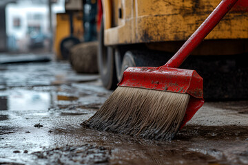 Photo of Road Sweeper Construction Vehicles.  Modern Road Sweeper Truck on a Busy Construction Site