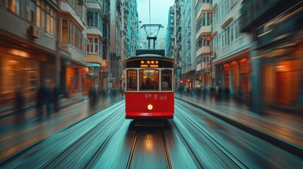 Fototapeta premium Red Vintage Tram Speeding Through the Historic Downtown City Street