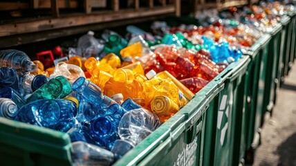 Colorful plastic bottles collected for recycling in green bins. An eco-friendly initiative promoting sustainability and waste reduction.