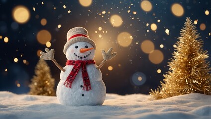 Obraz premium Snowman banner, looking at camera. Winter holiday background with gold confetti. Happy New Year mockup with copy space