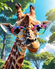 A playful giraffe wearing colorful glasses stands under a bright sky amidst lush trees in a vibrant savannah setting